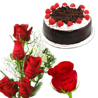 "Talking Roses (Print on Rose) (5 Red Roses) - Happy New Year, Cake - Click here to View more details about this Product